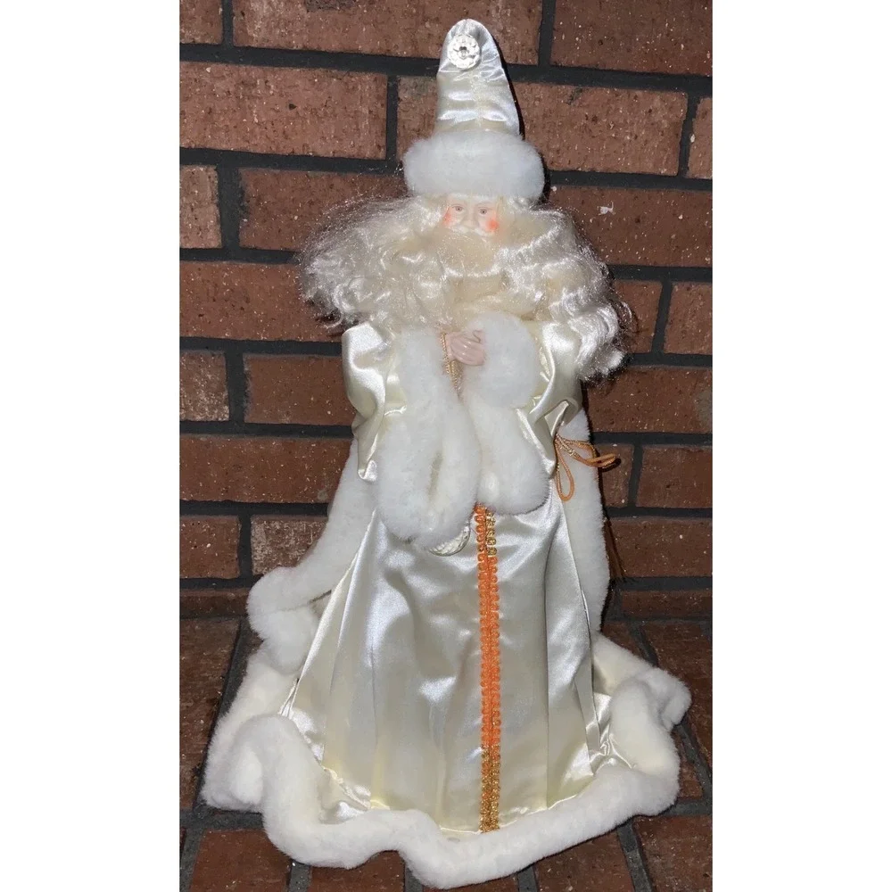 Vintage White Satin Santa Claus Tree Topper Faux Fur Father‎ Christmas Musical